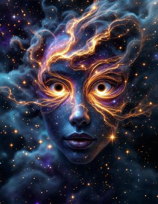 The primary subject of the image is a woman with blue eyes, who appears to be a digital art or illustration. She is surrounded by a purple and blue background, which adds to the overall mood of the image. The woman's eyes are open, and she is looking at the viewer, creating a sense of connection and engagement. The visual style of the image is a combination of digital art and illustration, which gives it a unique and captivating appearance.